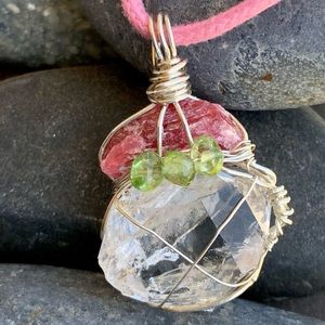 Rhodocrosite, Herkimer Diamond & Peridot Necklace